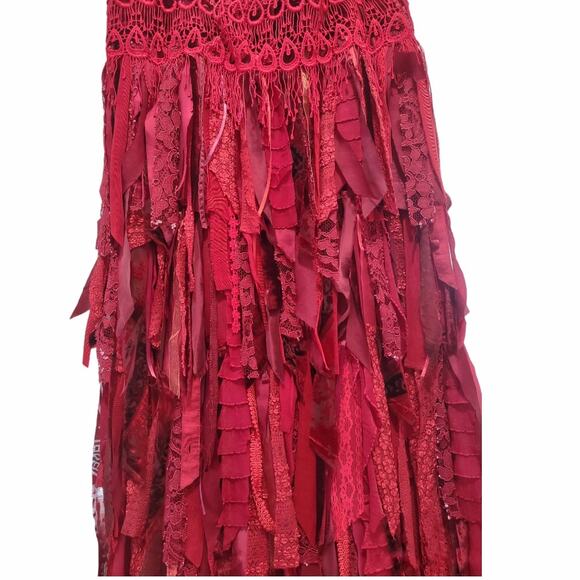 Ravishing Red RagArt Maxi Skirt Bohemian Festival Handmade Up Cycled Size S/M - Picture 2 of 9